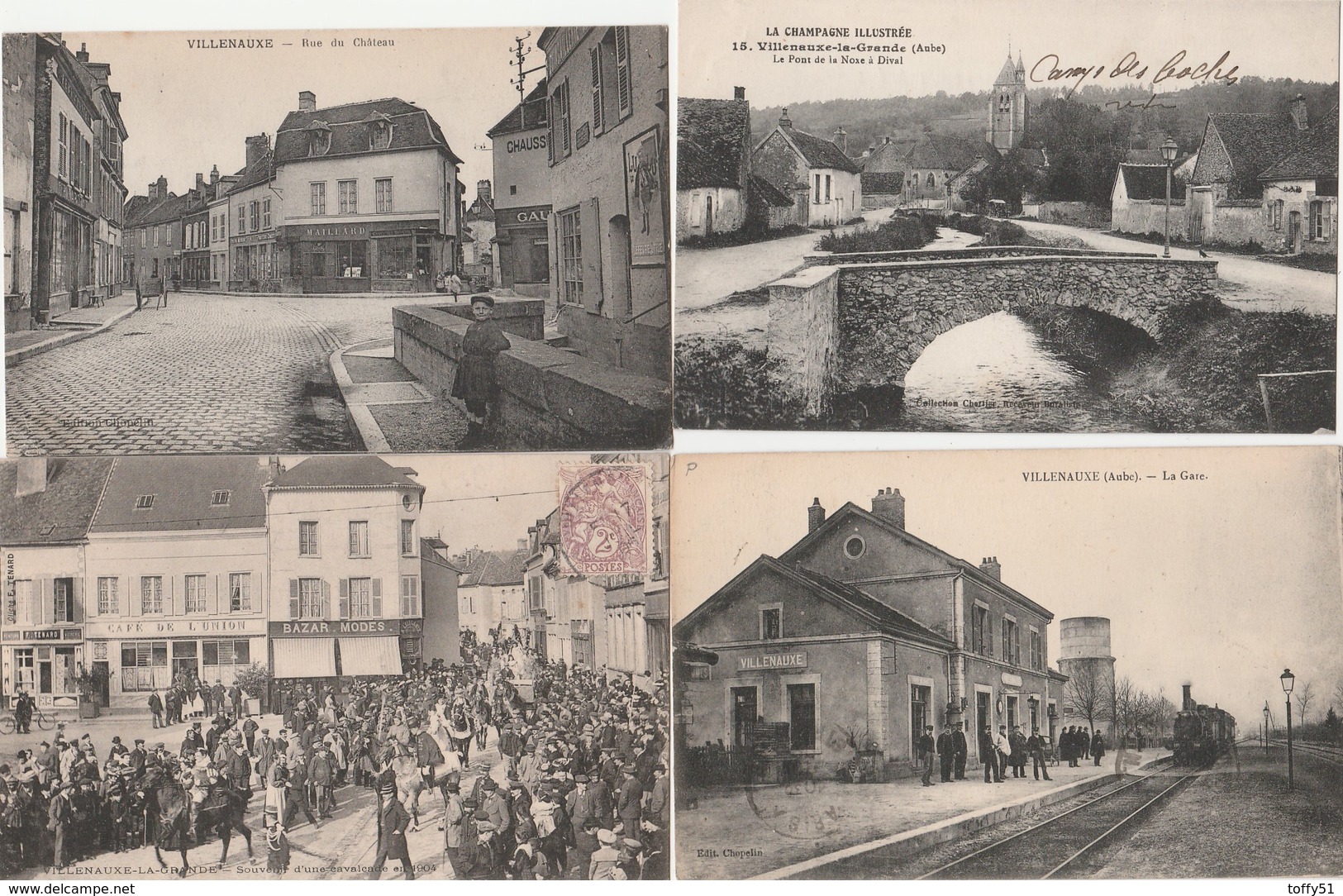 4 CPA:VILLENAUXE (10) VILLENAUXE LA GRANDE CHAR DANS RUE CAVALCADE EN 1904,RUE DU CHÂTEAU,TRAIN GARE,PONT DE LA NOXE - Other & Unclassified