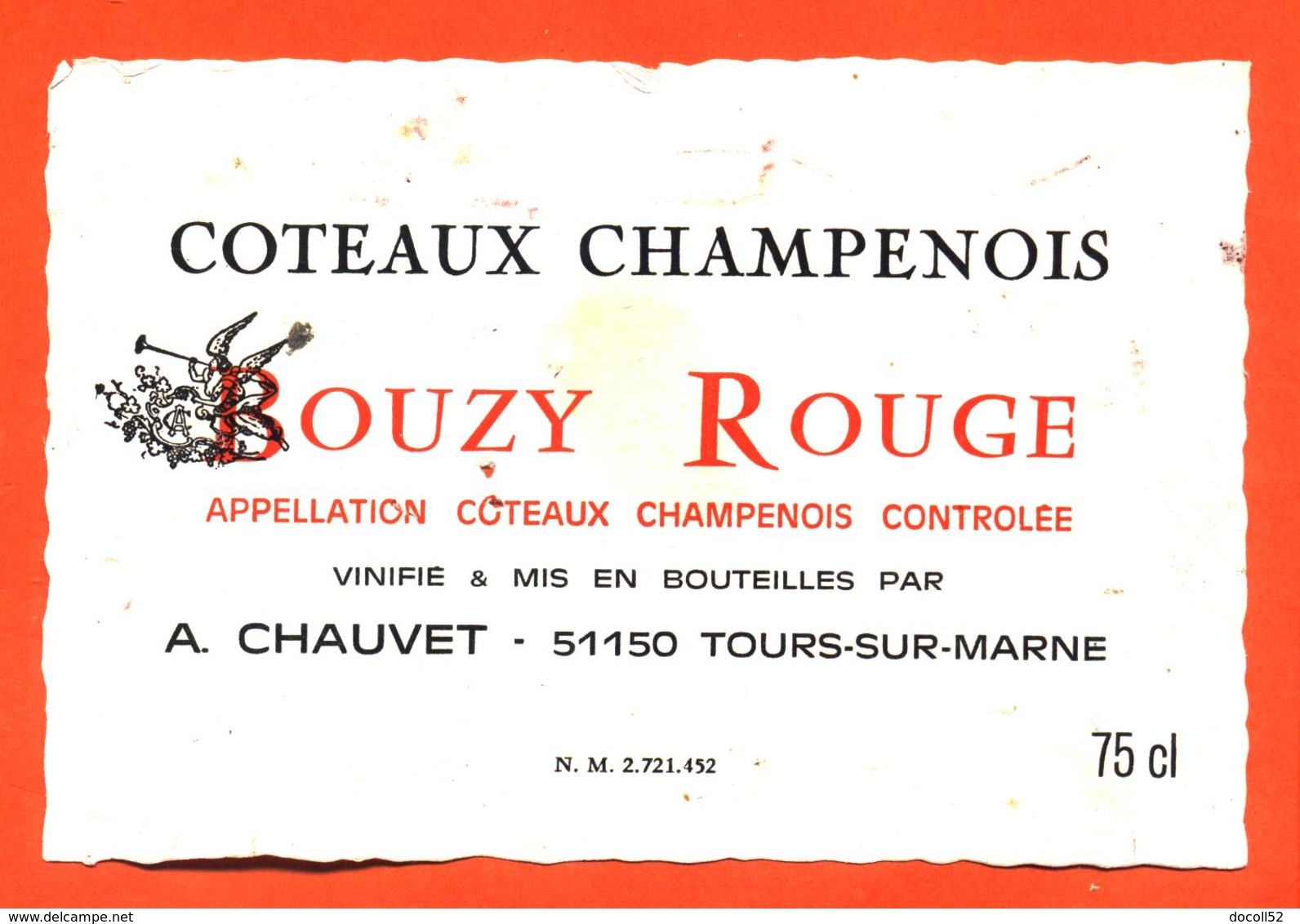 étiquette Ancienne De Coteaux Champenois Bouzy Rouge A Chauvet à Tours Sur Marne - 75 Cl - Champagne