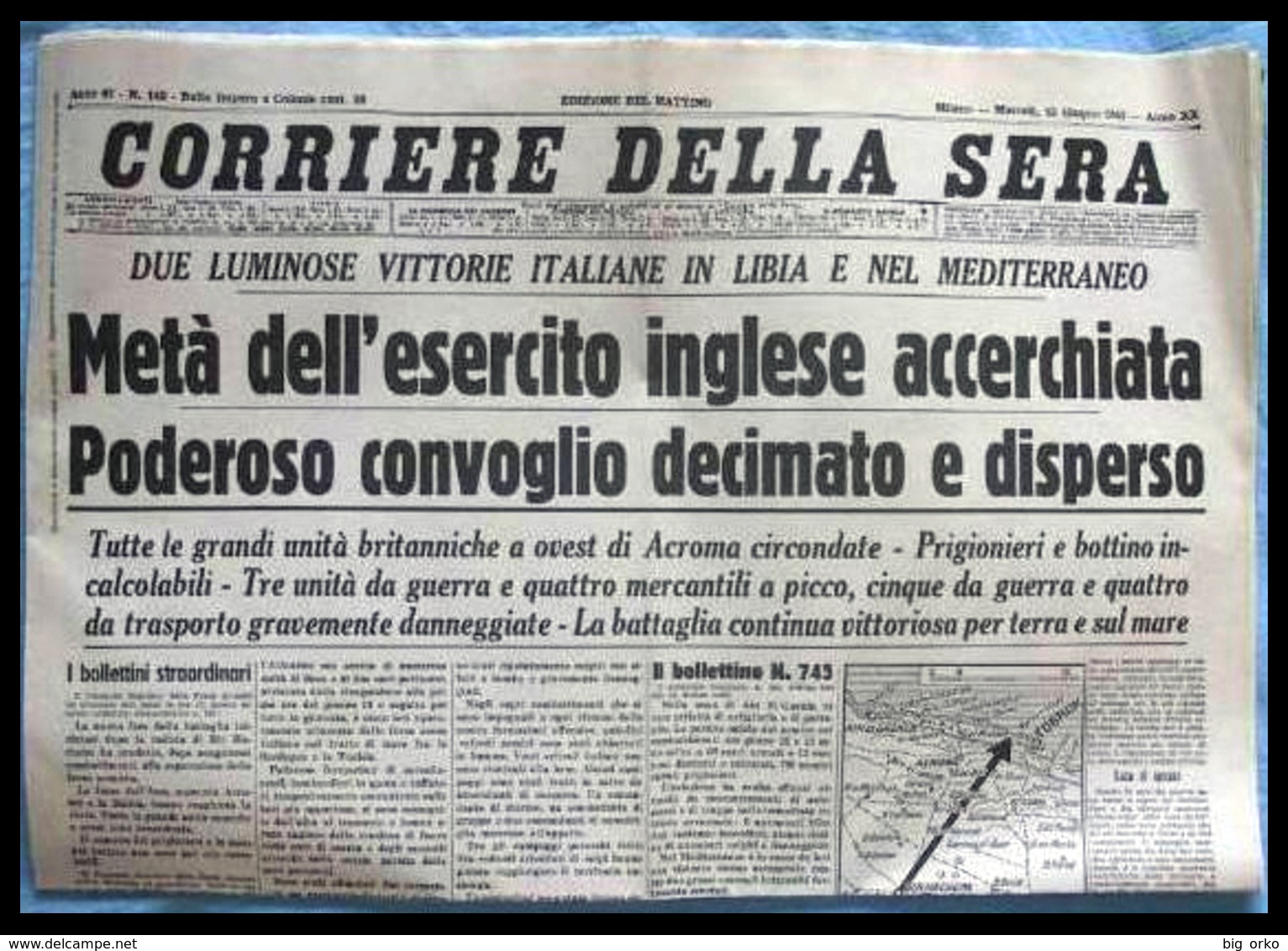 CORRIERE DELLA SERA &ndash; 16 Giugno 1942 (Vittorie Italiane In Libia) - Italian Newspaper: II World War - Italian