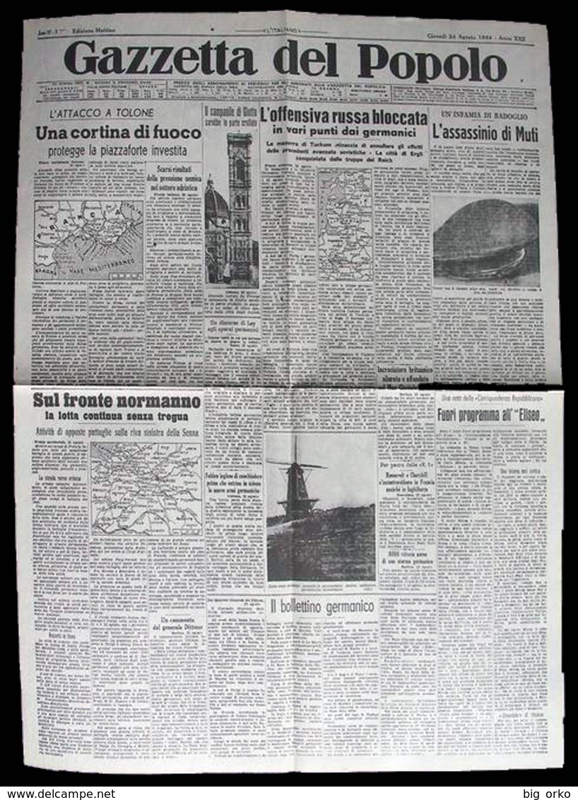 GAZZETTA DEL POPOLO (Torino) &ndash; 24 Agosto 1944 (L'assassinio Ettore Muti - Bloccata Offensiva Russa - Cronaca Della - Italiano