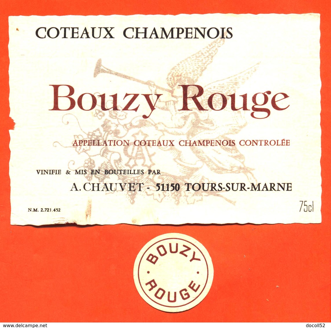 étiquette + Collerette De Coteaux Champenois Bouzy Rouge A Chauvet à Tours Sur Marne - 75 Cl - Champagne