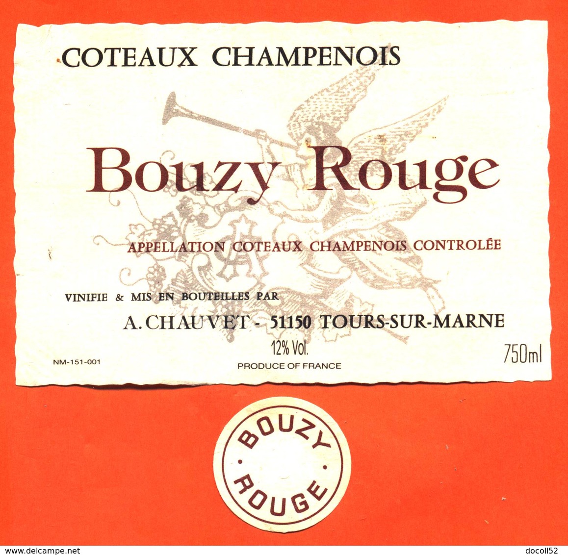 étiquette + Collerette De Coteaux Champenois Bouzy Rouge A Chauvet à Tours Sur Marne - 75 Cl - Champagne