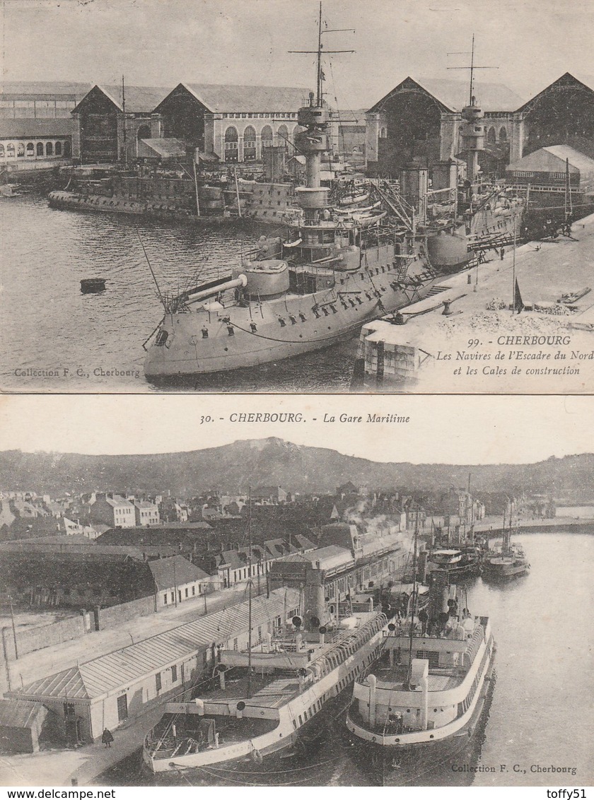 5 CPA:CHERBOURG (50) MILITAIRE CASERNE BRIÈRE,TRAIN GARE,BÂTEAUX GARE MARITIME,NAVIRES ESCADRE DU NORD CALES...... - Cherbourg