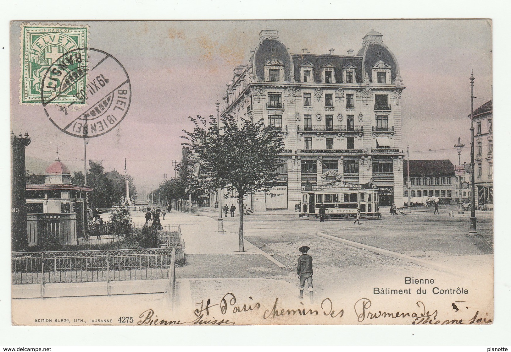 Bienne - CPA Colrisée 1905 - Bâtiment Du Contrôle - Animation, Tram, Tramway- Edition Burgy No 4275 - Bienne