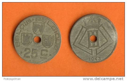 BELGIUM 1942-1947 25 Centimes Zinc KM132  Dutch-French - 25 Centesimi