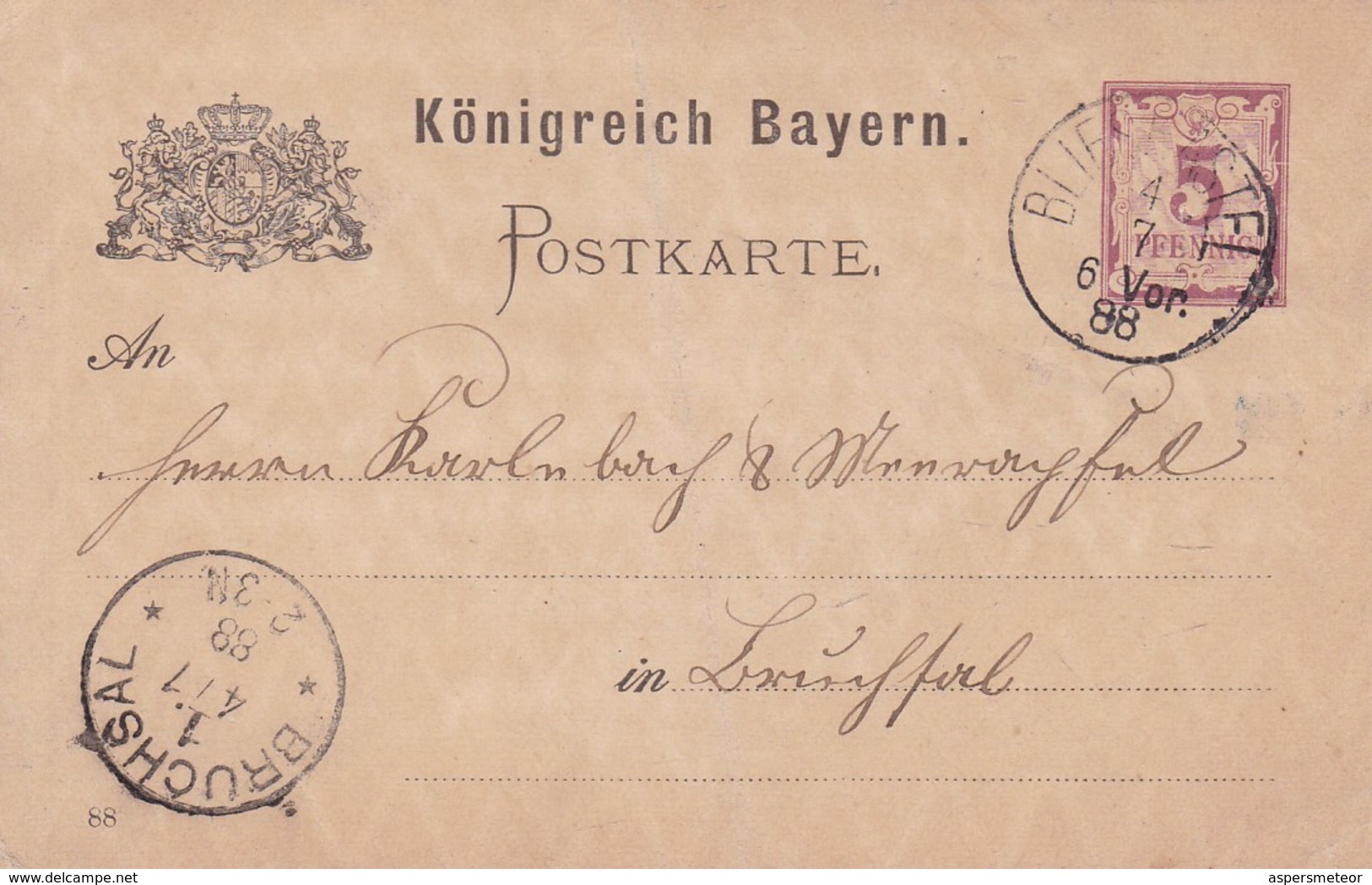 GERMANY ENTIRE CARD CIRCULATED 1888 BLIESKASTEL TO BRUCHSAL. -LILHU - Sonstige & Ohne Zuordnung