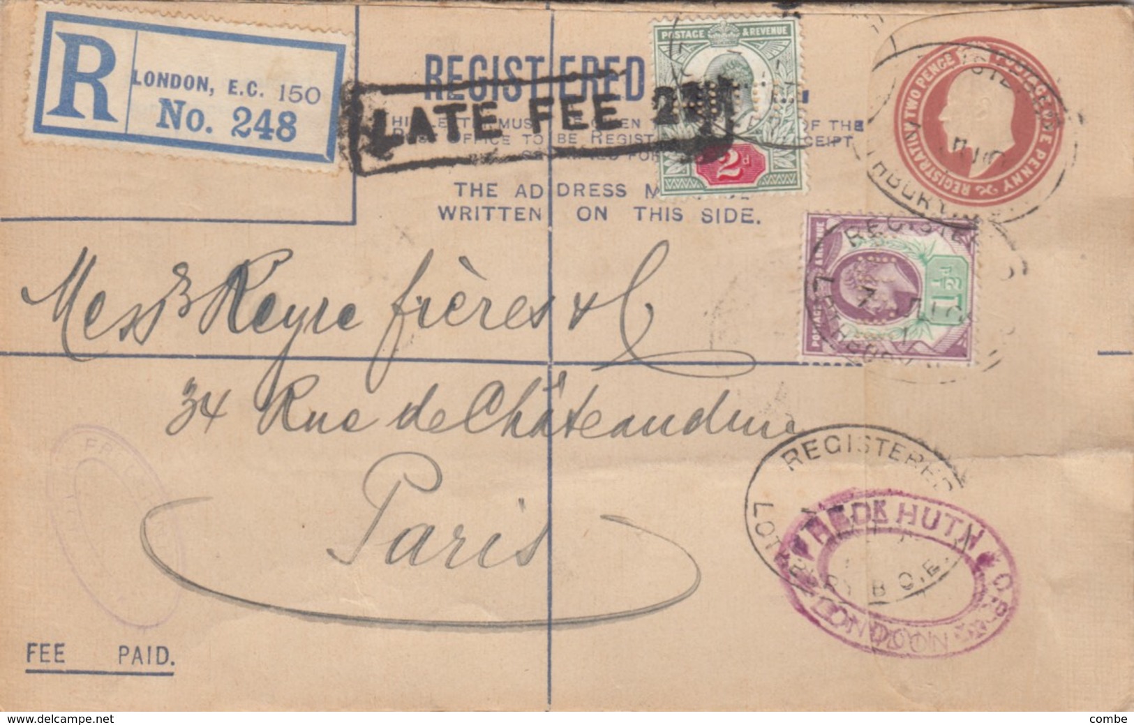 REGISTERED LETTER. 7 7 05. REGISTERED LONDON TO PARIS. LATE FEE 2.   1 1/2p, 2p PERFIN. HUT. FREDk HUT - Lettres & Documents