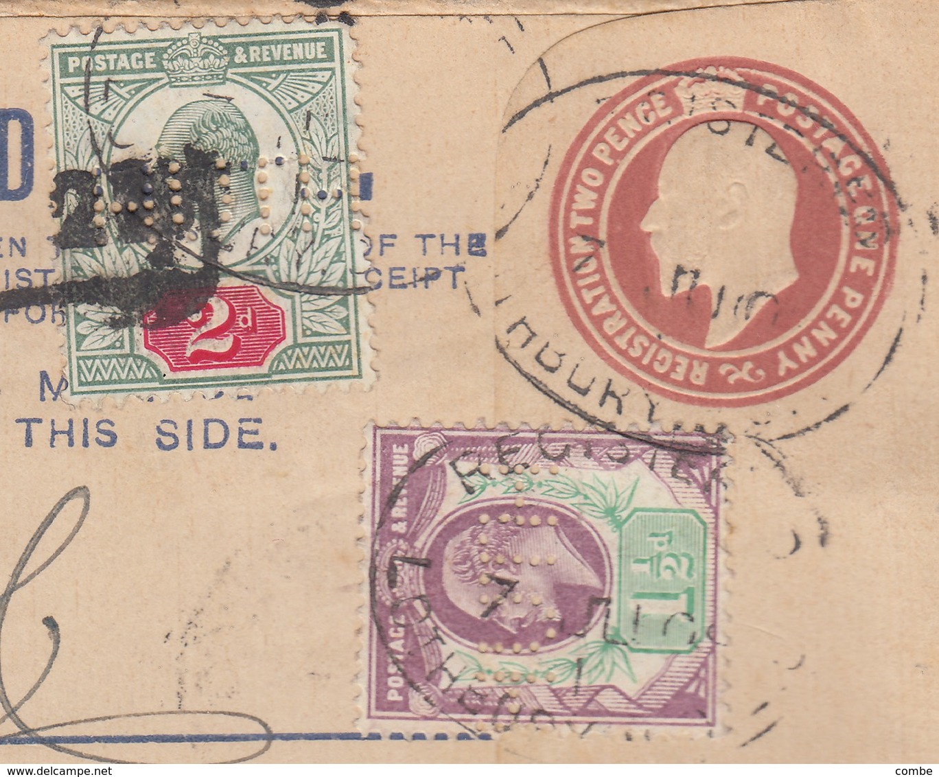 REGISTERED LETTER. 7 7 05. REGISTERED LONDON TO PARIS. LATE FEE 2.   1 1/2p, 2p PERFIN. HUT. FREDk HUT - Lettres & Documents