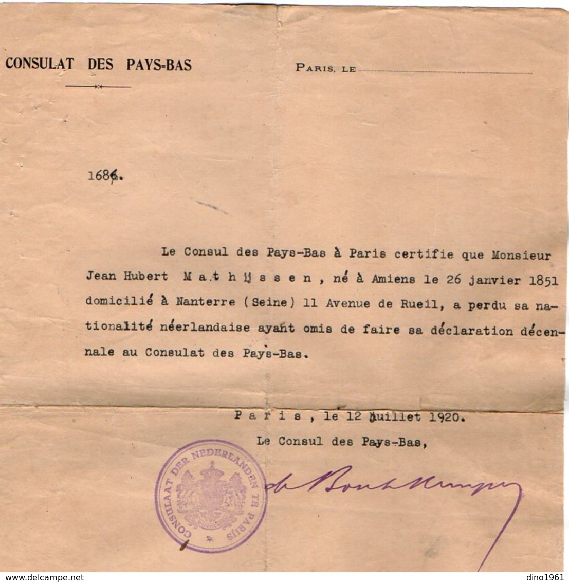 VP16.723 - Consulat Des Pays - Bas à PARIS 1920 - Lettre De Mr Le Consul Des Pays - Bas à Mr Jean Hubert MATYSSEN - Collections