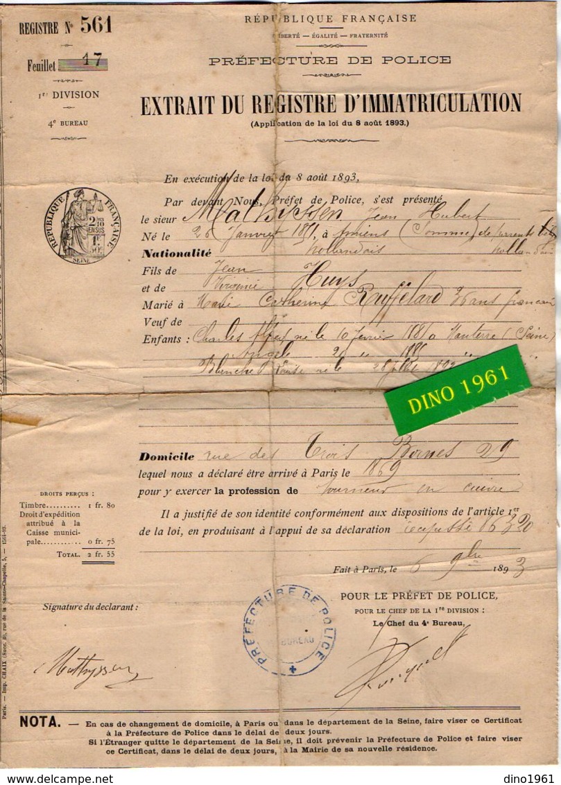 VP16.727 - MILITARIA - PARIS 1893 - Préfecture De Police - Extrait Du Registre D'Immatriculation Concernant Mr MATHYSSEN - Policia