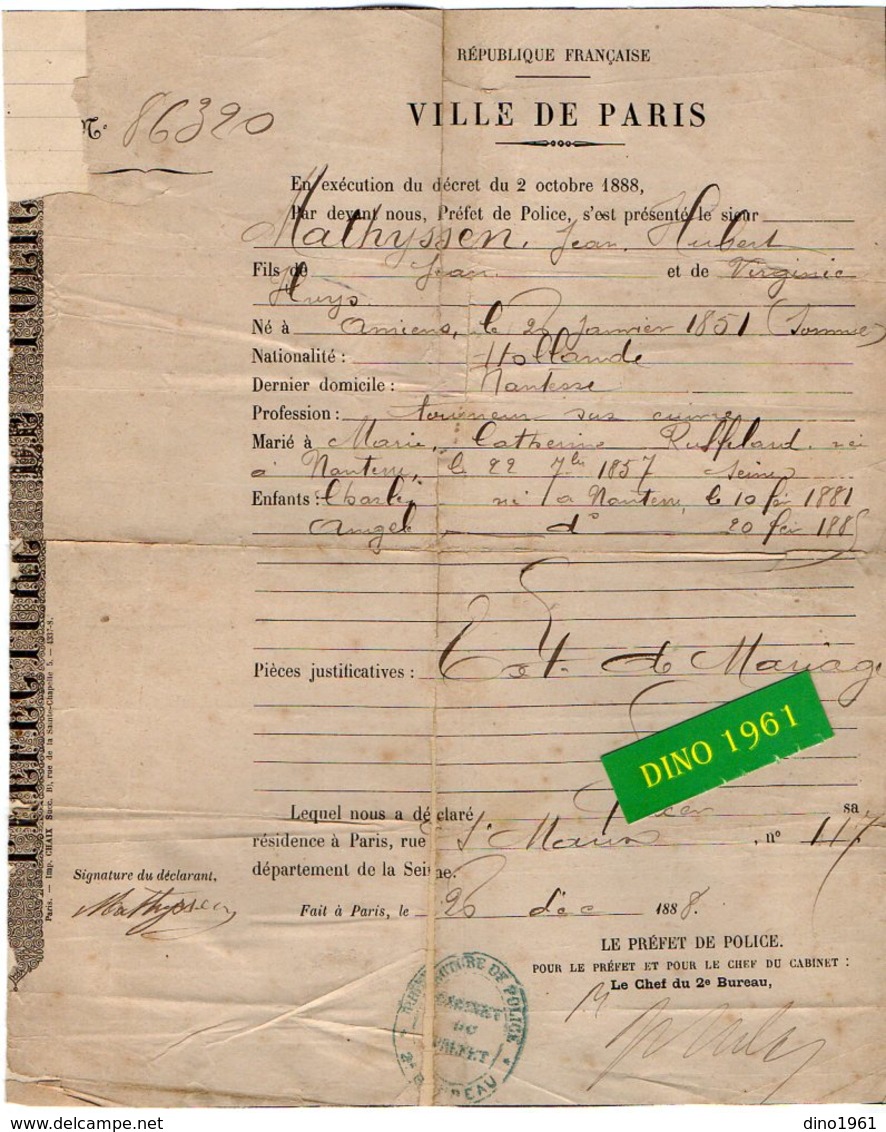 VP16.728 - MILITARIA - PARIS 1888 - Préfecture De Police - Document Concernant Mr Jean Hubert MATHYSSEN - Polizei