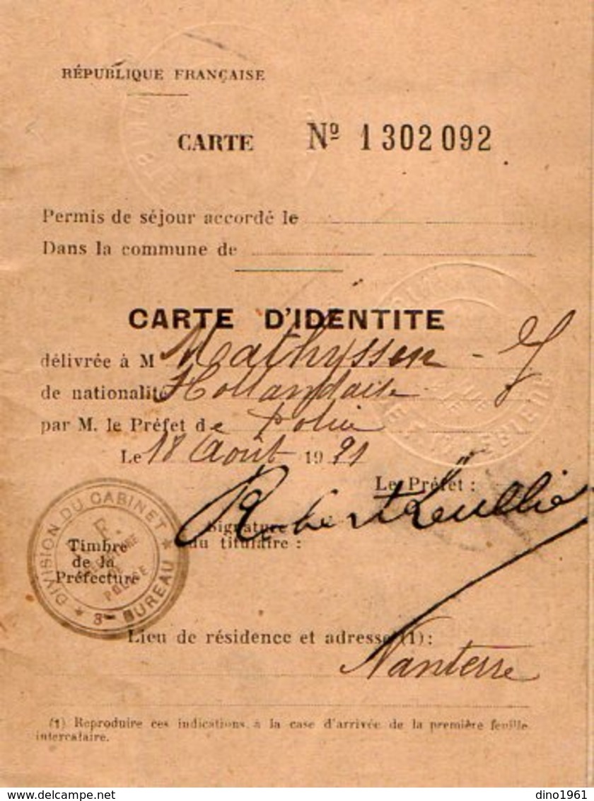 VP16.729 - MILITARIA - PARIS 1921 - Préfecture De Police - Carte D'Identité De Mr Jean MATHYSSEN Né à AMIENS - Police