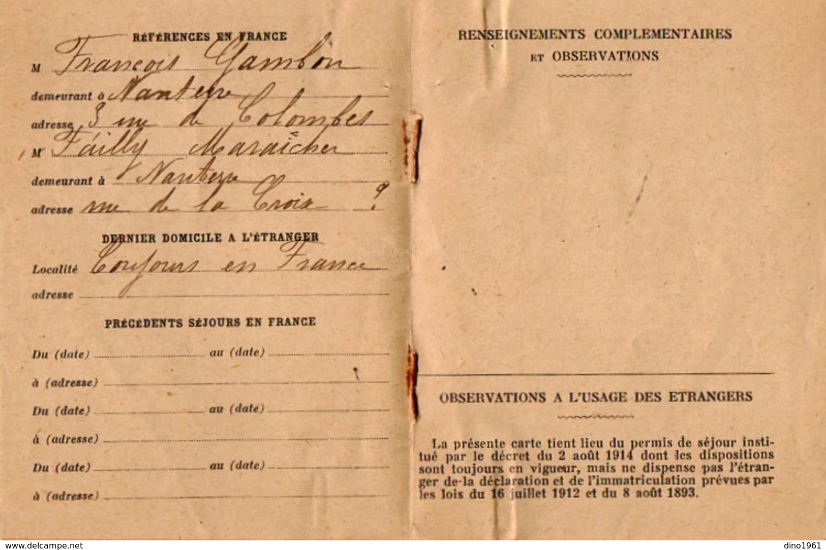 VP16.729 - MILITARIA - PARIS 1921 - Préfecture De Police - Carte D'Identité De Mr Jean MATHYSSEN Né à AMIENS - Police & Gendarmerie