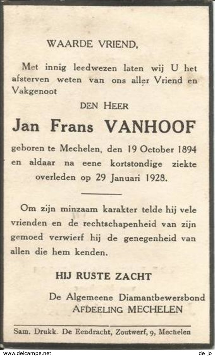 VANHOOF Jan Frans °1894 Mechelen + 1928  Doodsprentje / Image Mortuaire / Immaginetta - Religion & Esotérisme