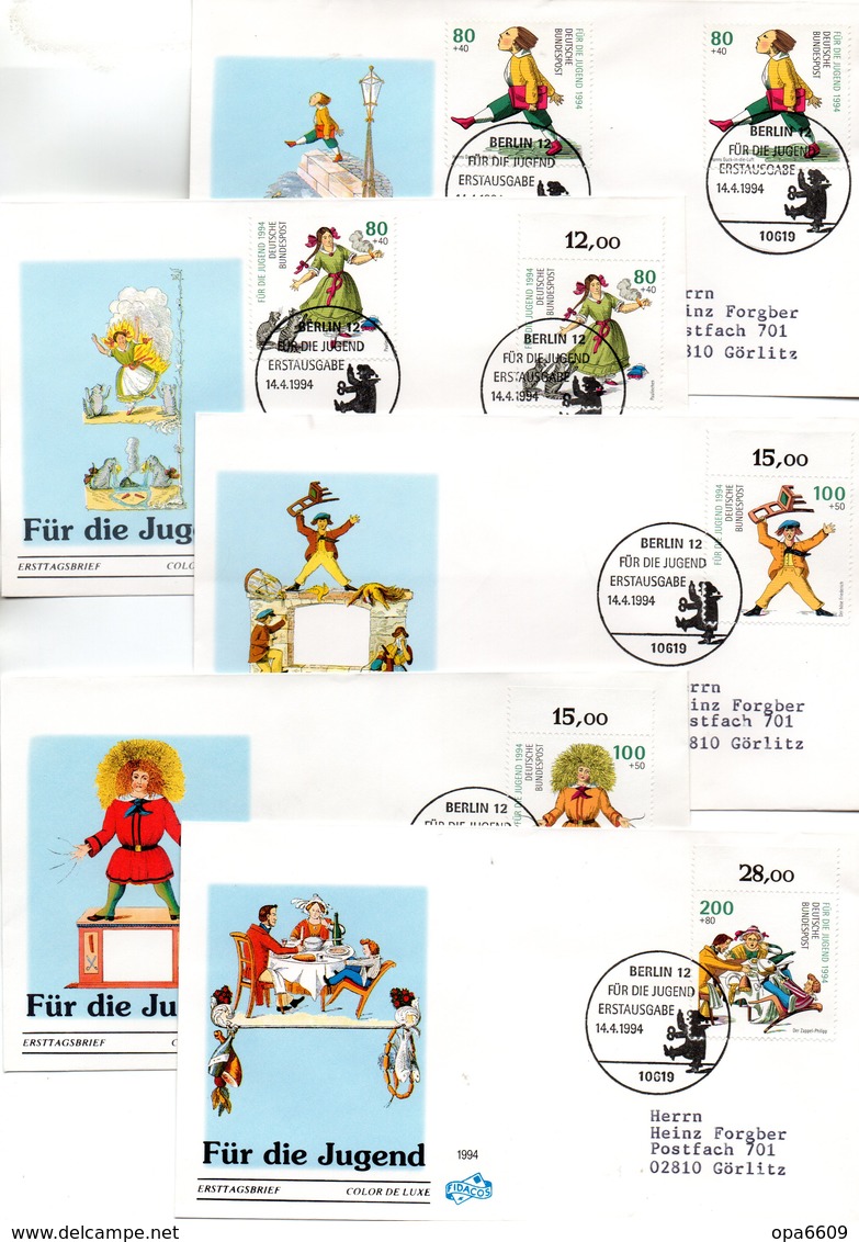 BRD 5 Schmuck-FDC "Jugend: 100. Todestag Von Dr. Heinrich Hoffmann" Mi. Je 2x 1726/27+1728/30 ESSt 14.4.1994 BERLIN 12 - Sonstige & Ohne Zuordnung