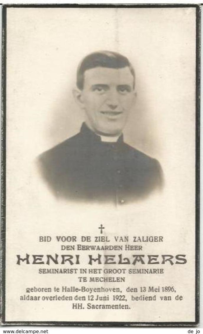 MELAERTS Henri°1896 Halle Boyenhove +1922 Priester Seminarist Doodsprentje Image Mortuaire Funeral Card - Godsdienst & Esoterisme