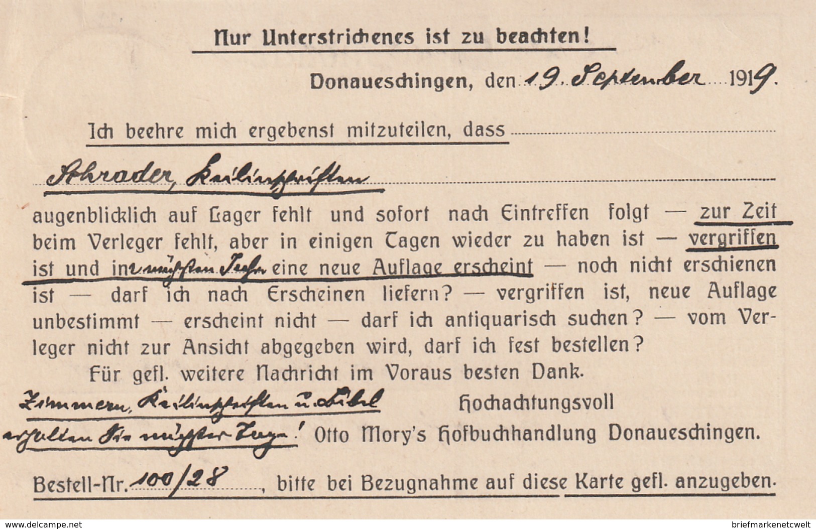 Deutsches Reich / 1919 / Postkarte Stegstempel Donaueschingen < Int. Firmenzudruck Auch Rueckseits > (5230) - Covers & Documents