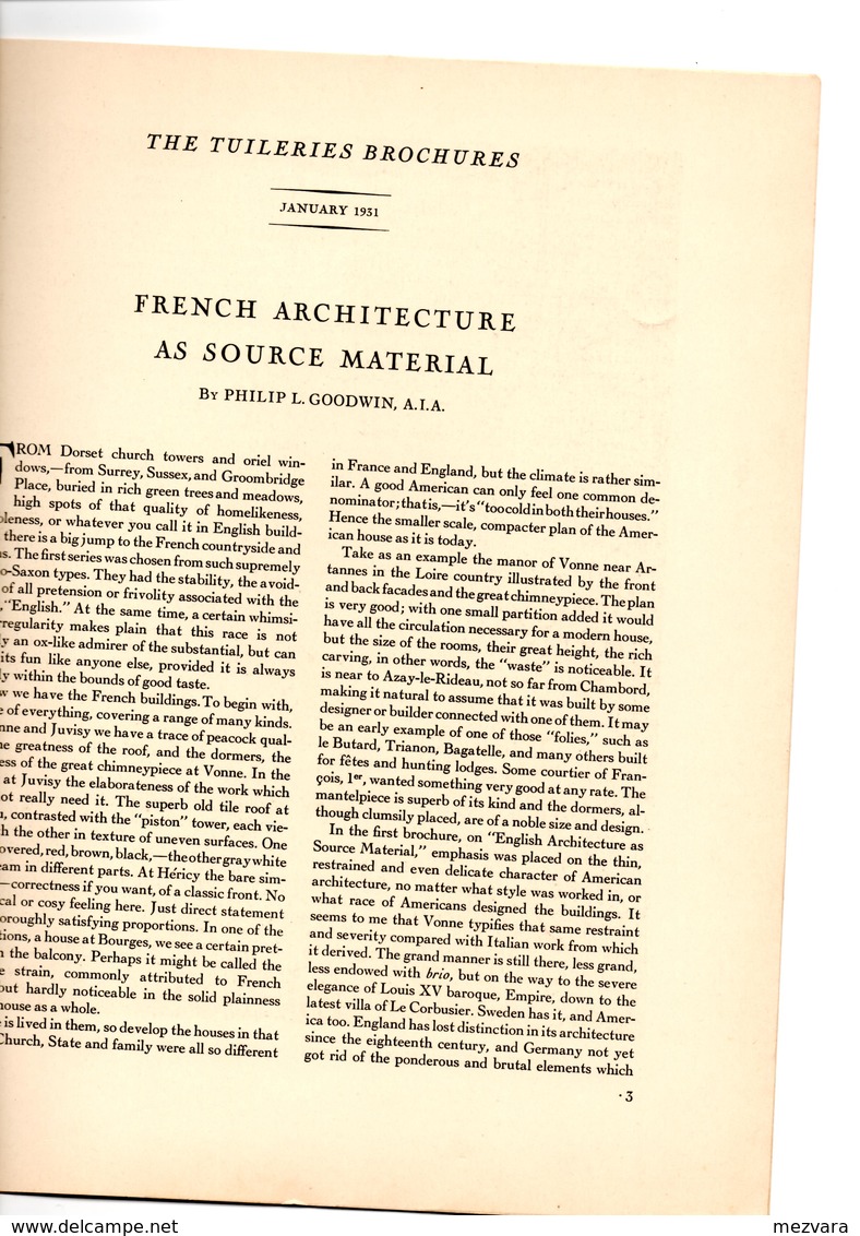 The Tuileries Brochures 1931, Janvier, N°1. French Architecture As Source Material. Auteur / Author: Philip L. Goodwin - Architektur/Design