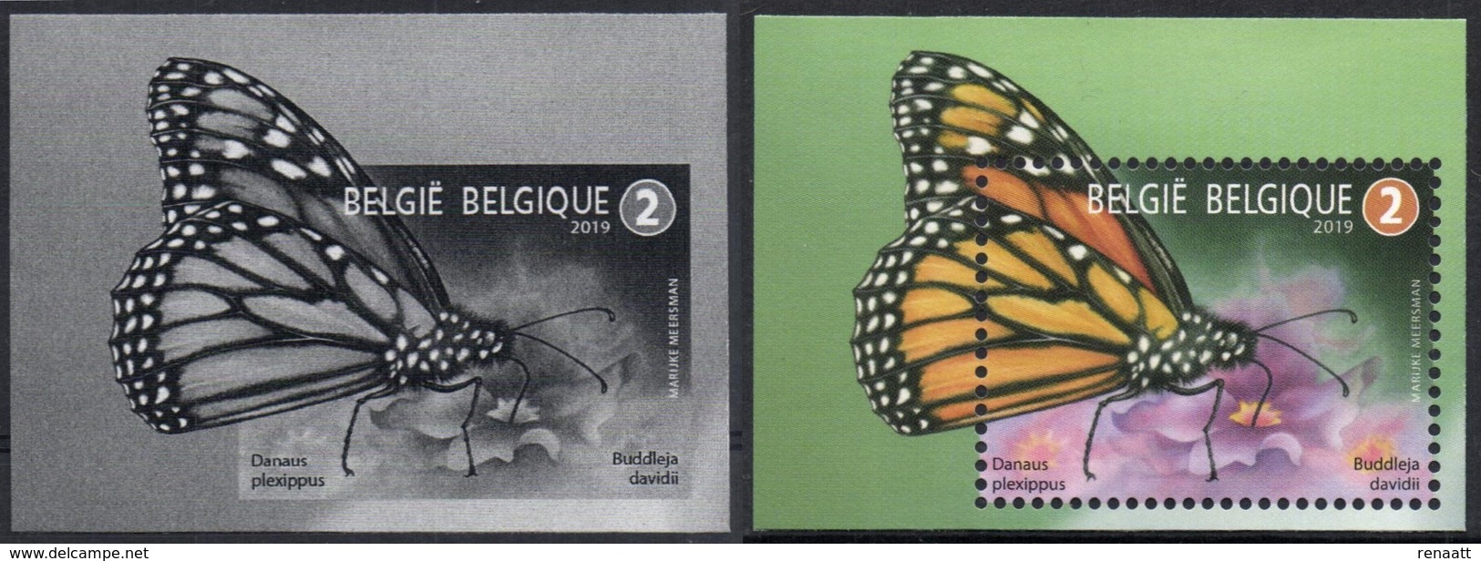 Belgium 2019 MNH And B&W Extract, Animals, Pollinators, Monarch Butterfly (Danaus Plexippus) On Summer Lilac, Monarque - Schmetterlinge