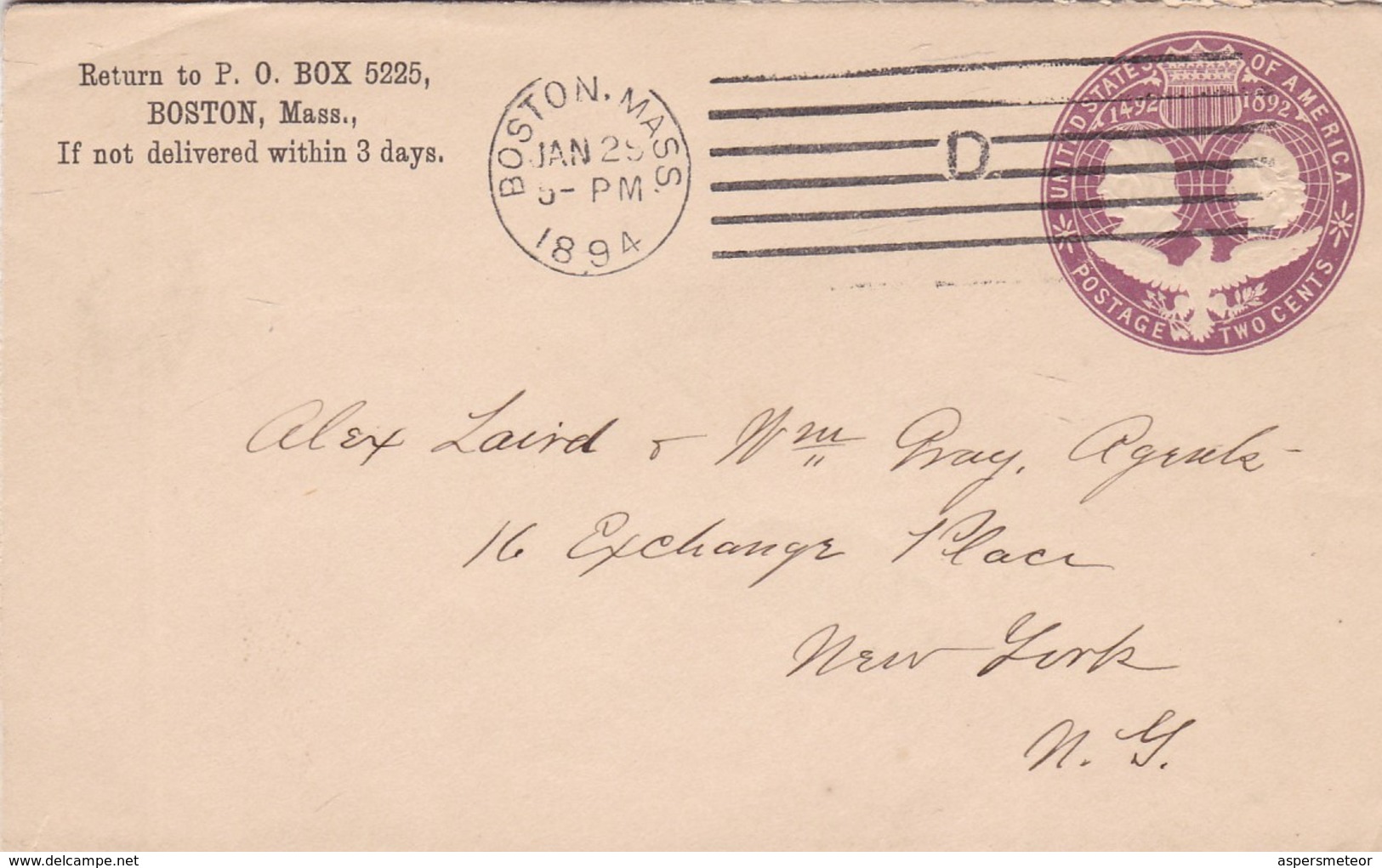 U.S.A. - ENTIRE ENVELOPE CIRCULATED 1894 BOSTON TO NEW YORK.  -LILHU - ...-1900