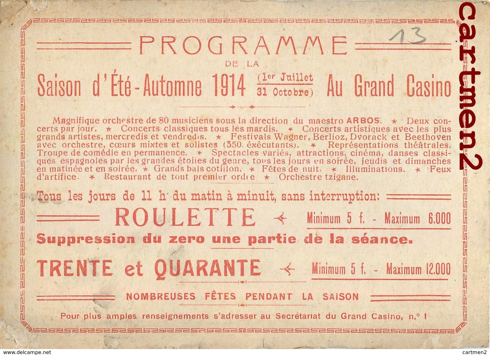 CARTE PHOTO : SAN SEBASTIAN LE GRAND CASINO PUBLICITE PROGRAMME 1914 ROULETTE GUIPUZCOA ESPANA - Guipúzcoa (San Sebastián)