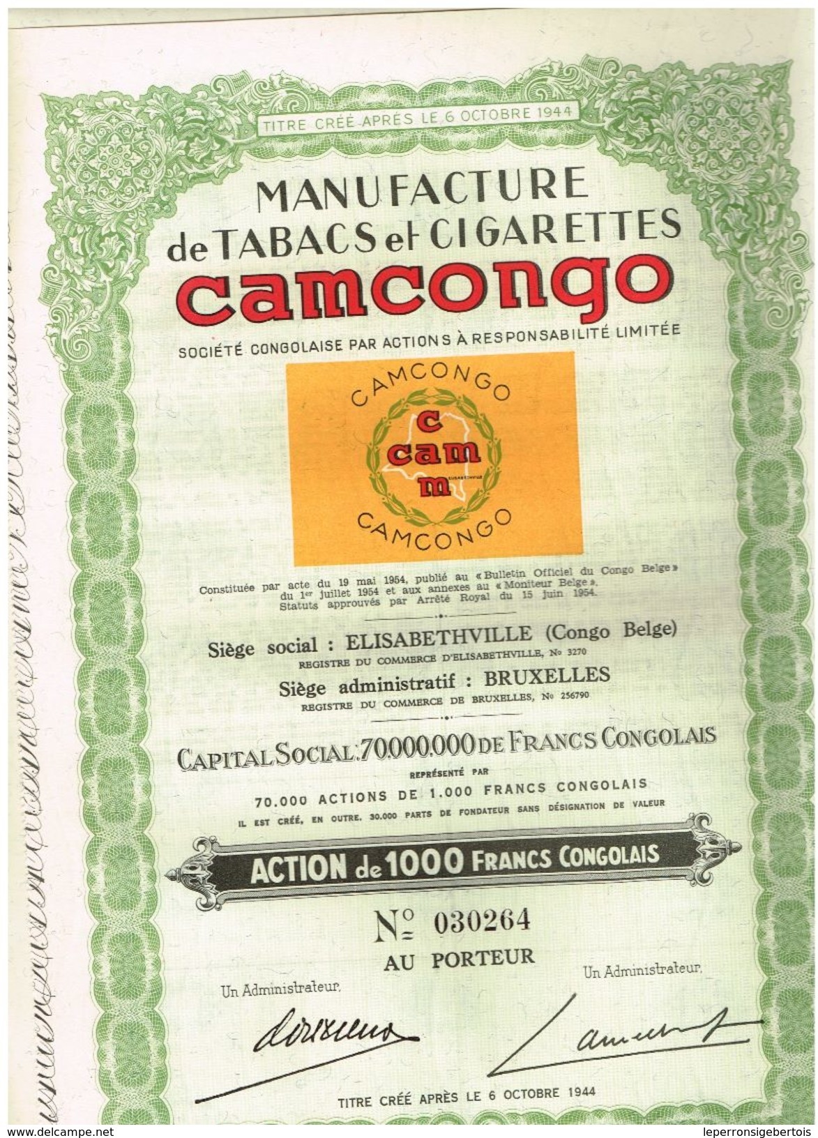 Titre Ancien- Manufacture De Tabac Et Cigarettes CAMCONGO - N° 030255 - Afrika