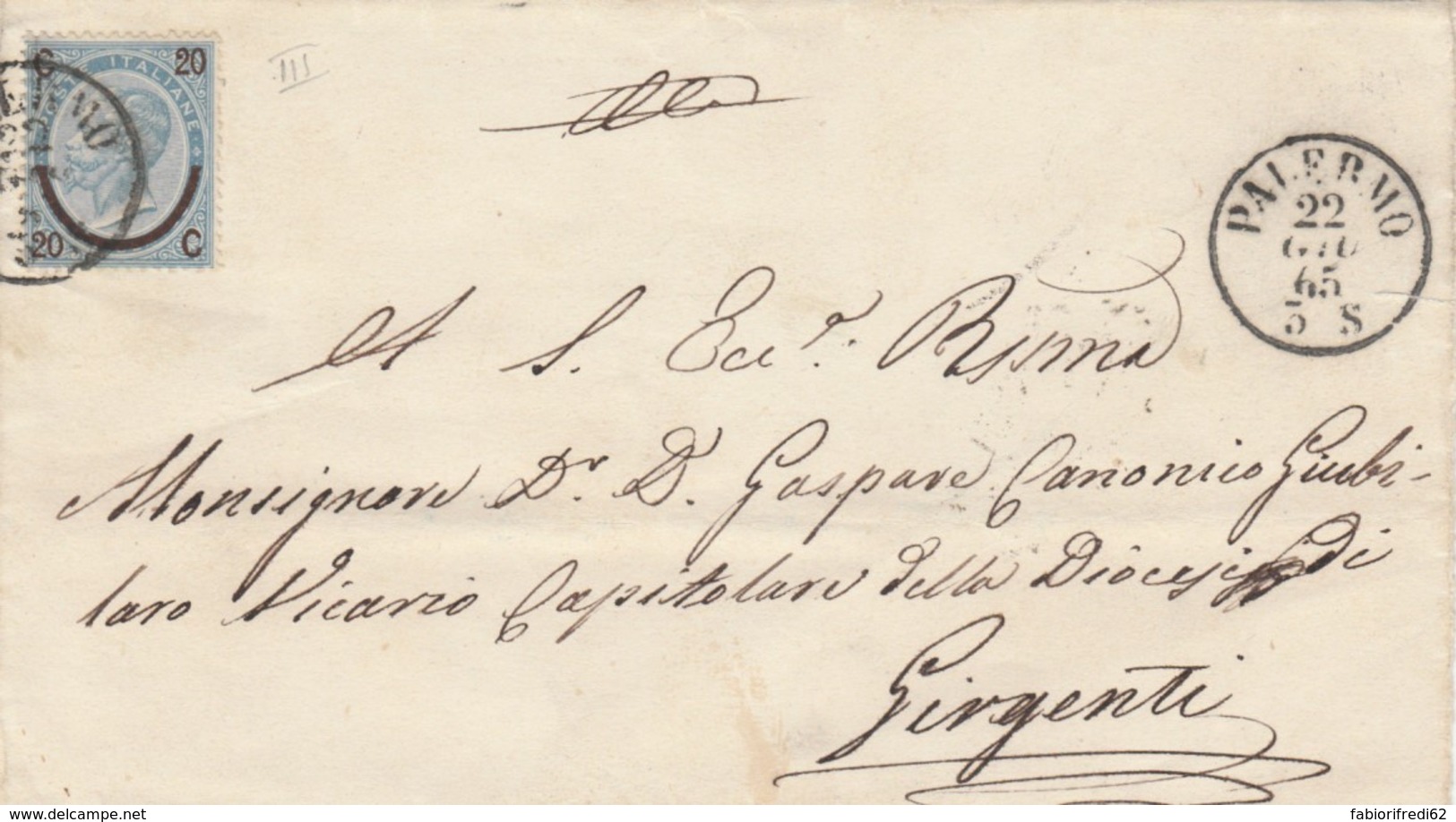 LETTERA 1865 20 C. FERRO CAVALLO III TIPO TIMBRO PALERMO GIRGENTI (KX247 - Storia Postale