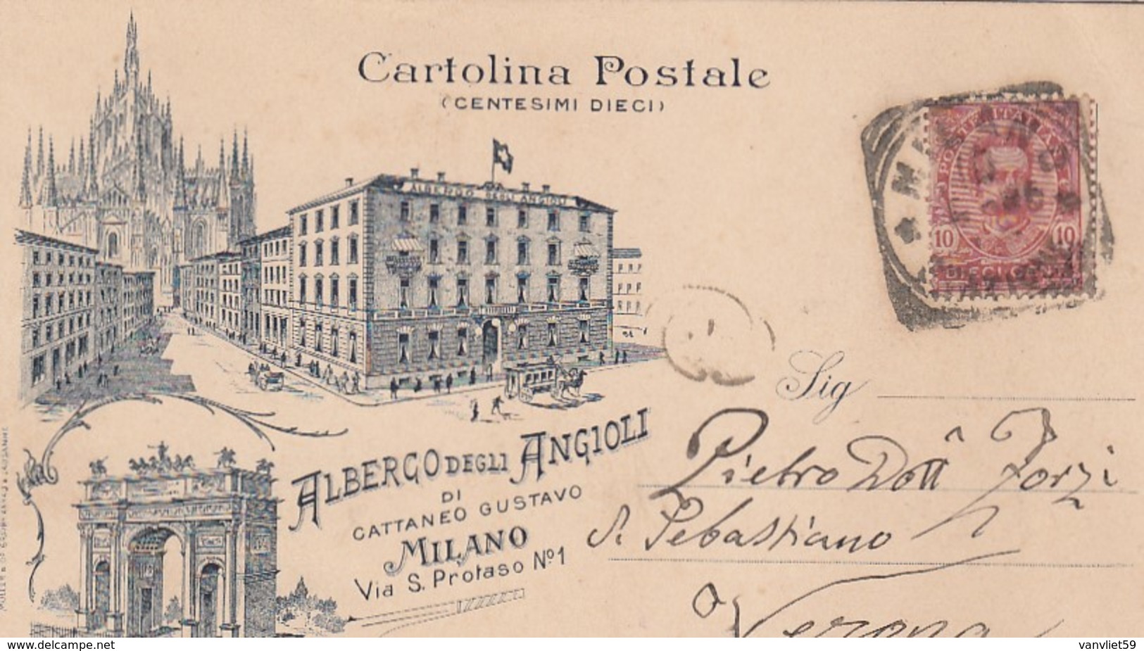 MILANO-ALBERGO DEGLI ANGIOLI-GRUSS MULTIVEDUTE- CARTOLINA VIAGGIATA IL 10-9-1898 - Milano (Milan)