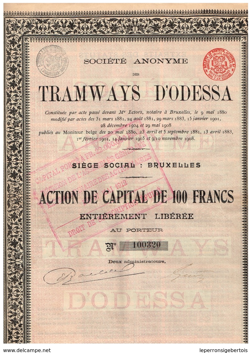 - Titre De 1908 - Société Anonyme Des Tramways D' Odessa - N° 100320 - Spoorwegen En Trams