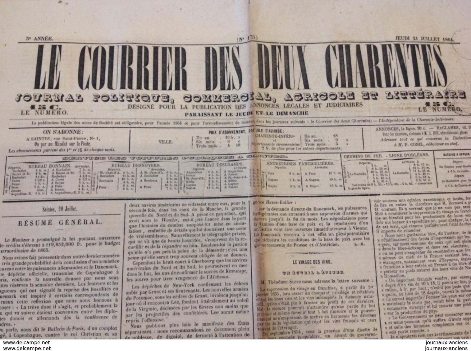 1864 LE COURRIER DES DEUX CHARENTES - LE VINAGE DES VINS - PONS - BERNARD PALISSY - RIOUX Etc ..... - 1850 - 1899