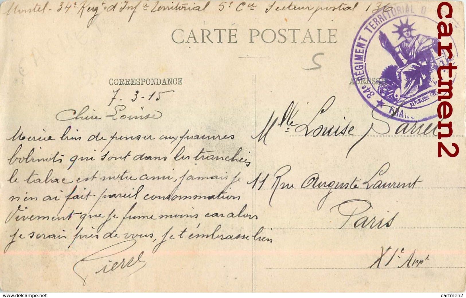 CACHET MILITAIRE ANTHELUPT 34e REGIMENT TERRITORIAL D'INFANTERIE GUERRE MILITARIA 54 LORRAINE - Other & Unclassified