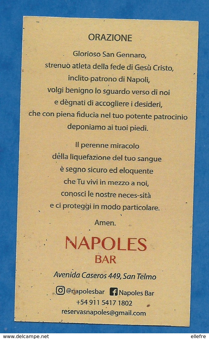 Carte De Visite Restaurant Bar Napoles  San Telmo - Image Pieuse Saint Gennaro - Prière Au Recto Orazione 10/5 Cm - Cartoncini Da Visita