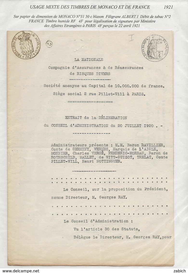 TIMBRES FISCAUX DE FRANCE  USAGE MIXTE FRANCE/MONACO  1921 RARE - Revenue