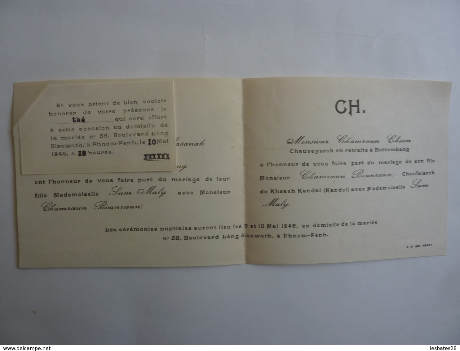 CAMBODGE  PHNOM-PENH - Faire Part De MARIAGE Cérémonie Nuptiales 9 Et 10 Mai 1946  + Une Invitation - JAN 2020 GERA  ALB - Wedding