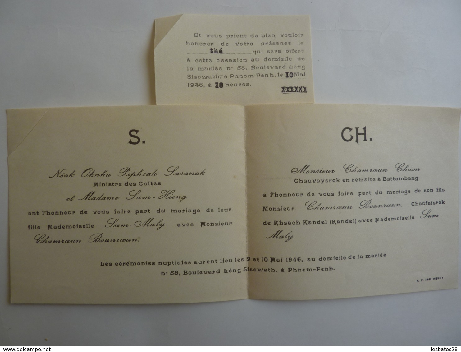 CAMBODGE  PHNOM-PENH - Faire Part De MARIAGE Cérémonie Nuptiales 9 Et 10 Mai 1946  + Une Invitation - JAN 2020 GERA  ALB - Hochzeit