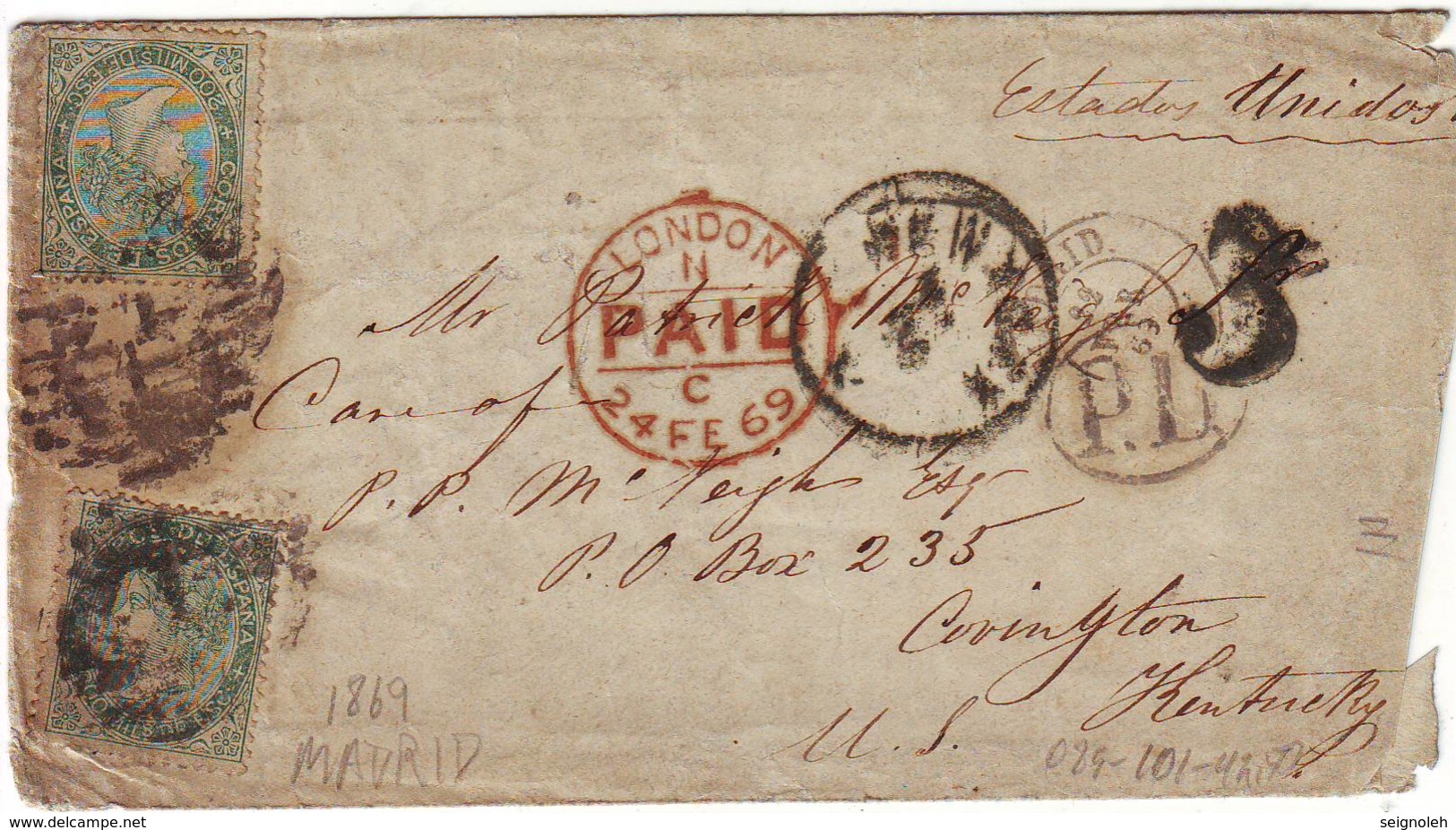 Lettre D' ESPAGNE Pour Les ETATS UNIS 1869 , Transit Londres Et Cachet D'arrivee à New York Taxe 3 Tampon , RARE - Lettres & Documents