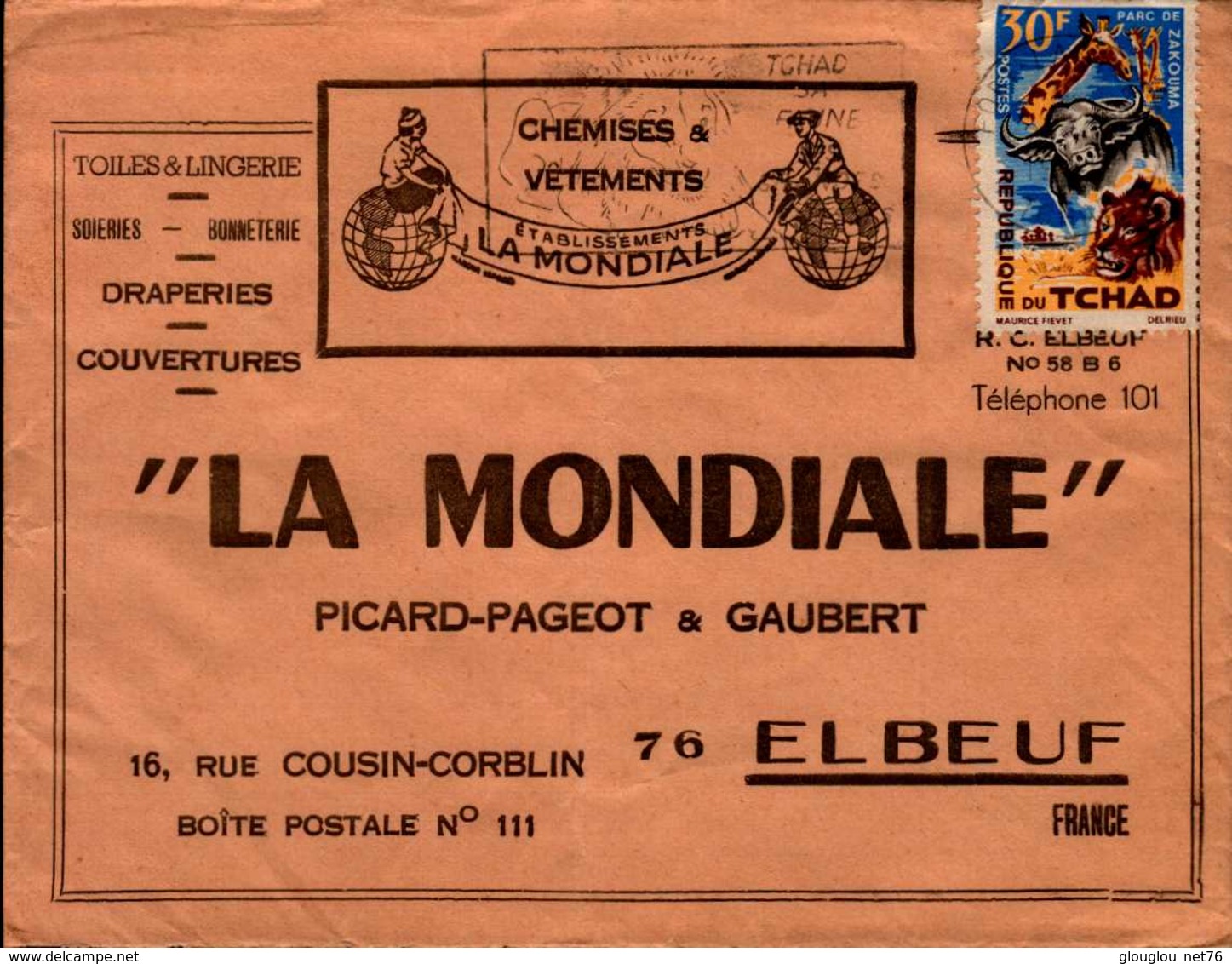 ENVELOPPE "LA MONDIALE"..PICARD-PAGEOT ET GAUBERT A ELBEUF AVEC TIMBRE DU TCHAD - Autres & Non Classés