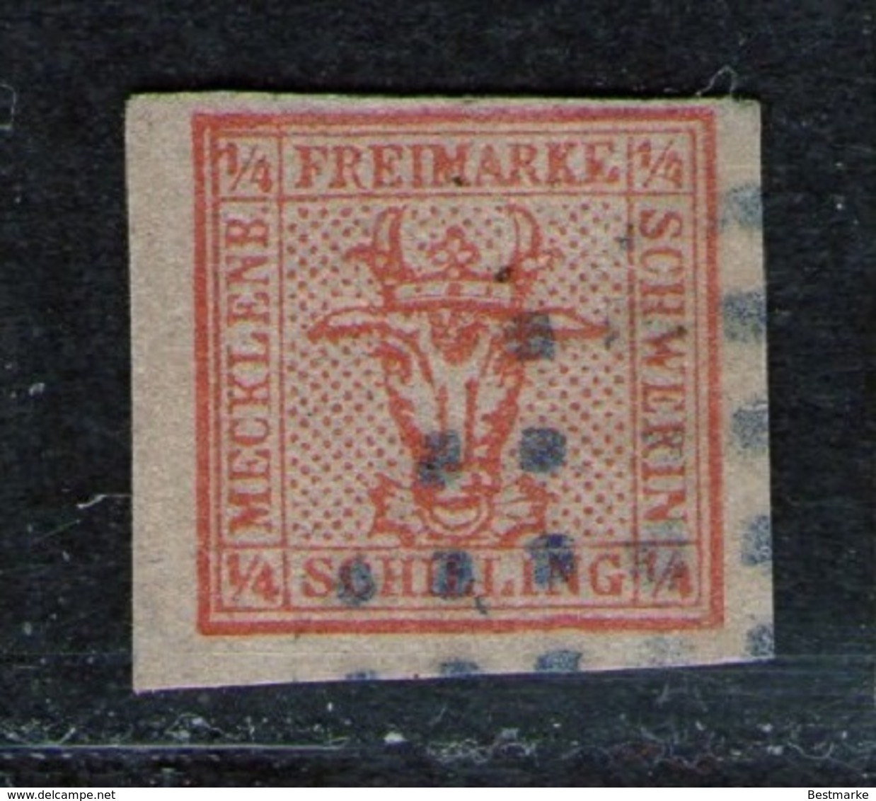 Blauer Punktstempel (Rostock) Auf 1/4 Shilling Rot - Meckl. Schwerin Nr. 1 - Kabinett - Tiefst Geprüft BPP - Mecklenbourg-Schwerin