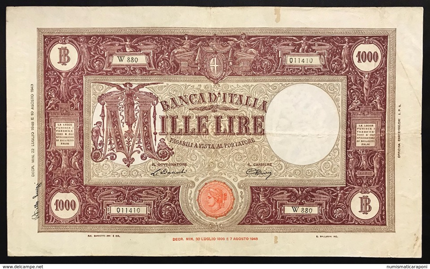 1000 Lire Grande M Testina B.I.22 07 1946 Bel Q.BB Naturale Strappetto In Alto E Firma LOTTO 3114 - 1000 Lire