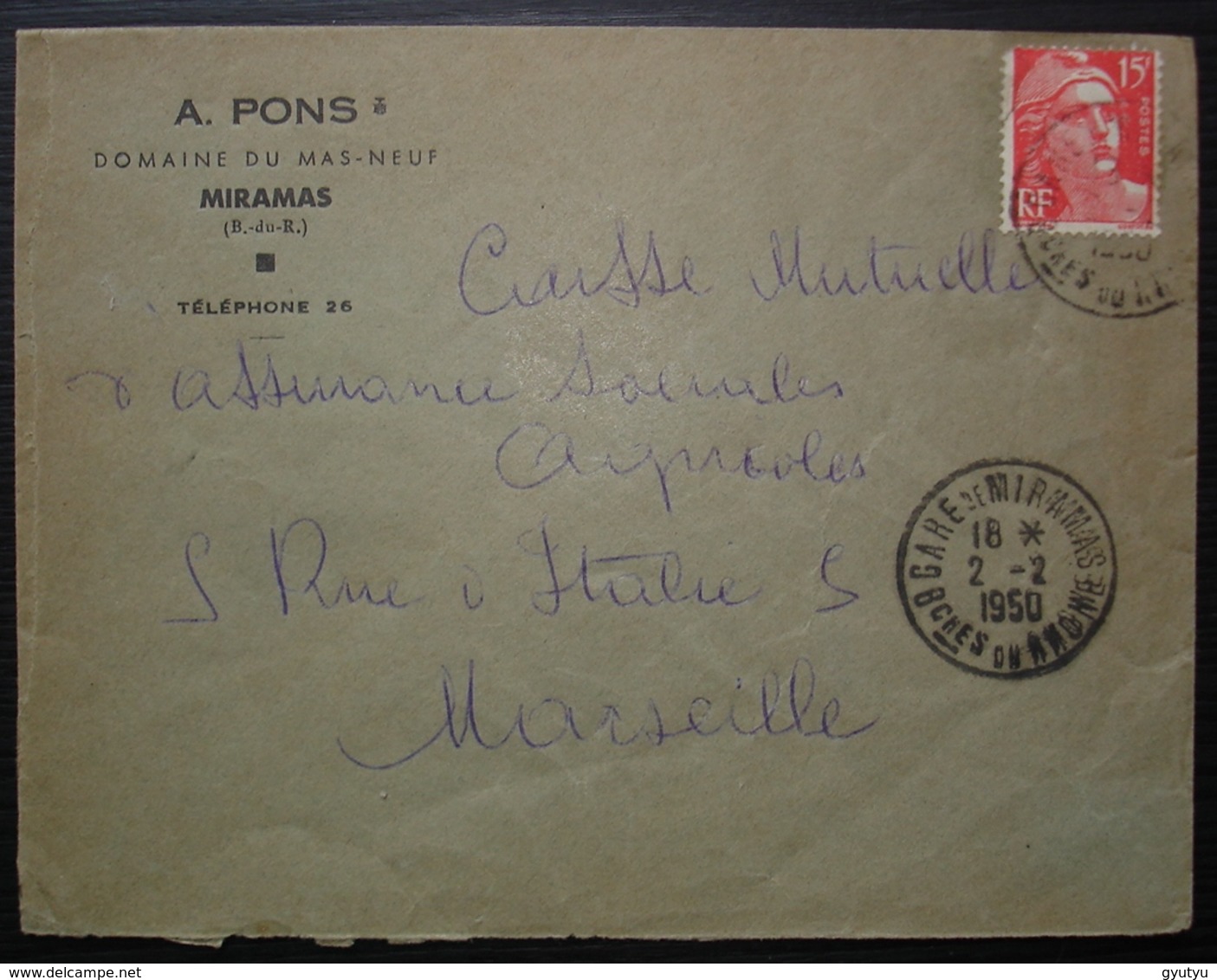 Miramas 1950 A Pons Domaine Du Mas-neuf Cad Gare De Miramas, Lettre Pour Marseille - 1921-1960: Période Moderne