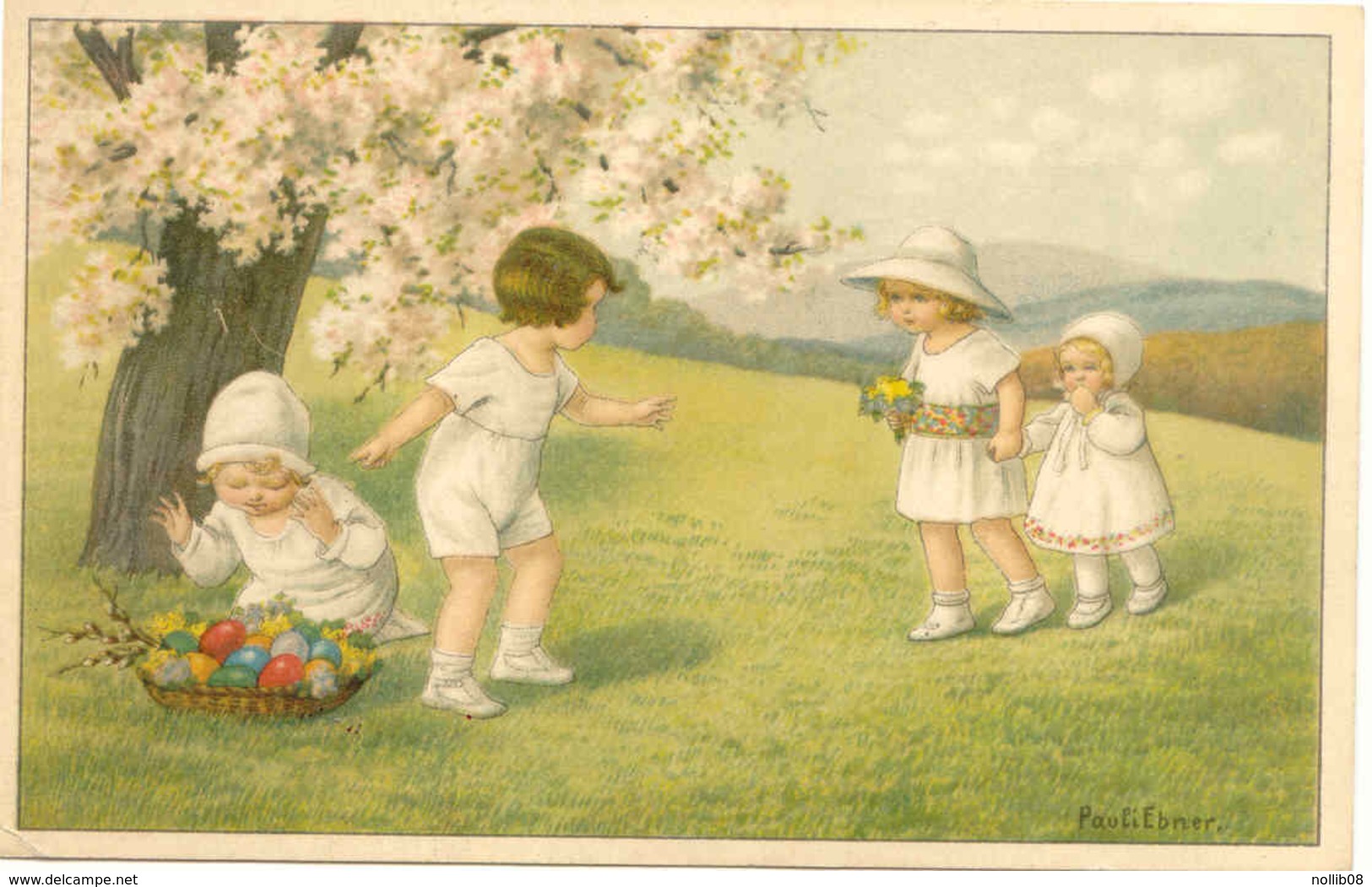 Pauli EBNER - Quatre Enfants Ramassant Des Oeufs De Pâques Dans Le Pré - Ebner, Pauli