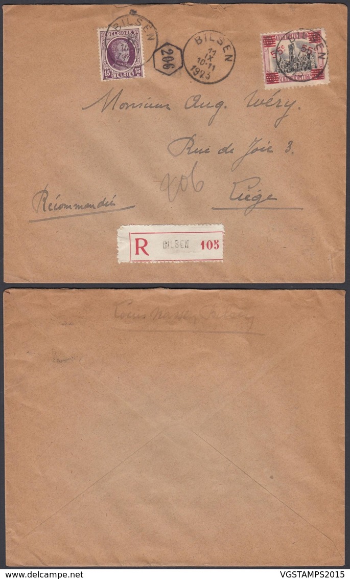 Belgique 1923 COB 188+195 Sur  Lettre  Recommandée Vers Liège De Bilsen.........   (EB) DC6322 - 1922-1927 Houyoux