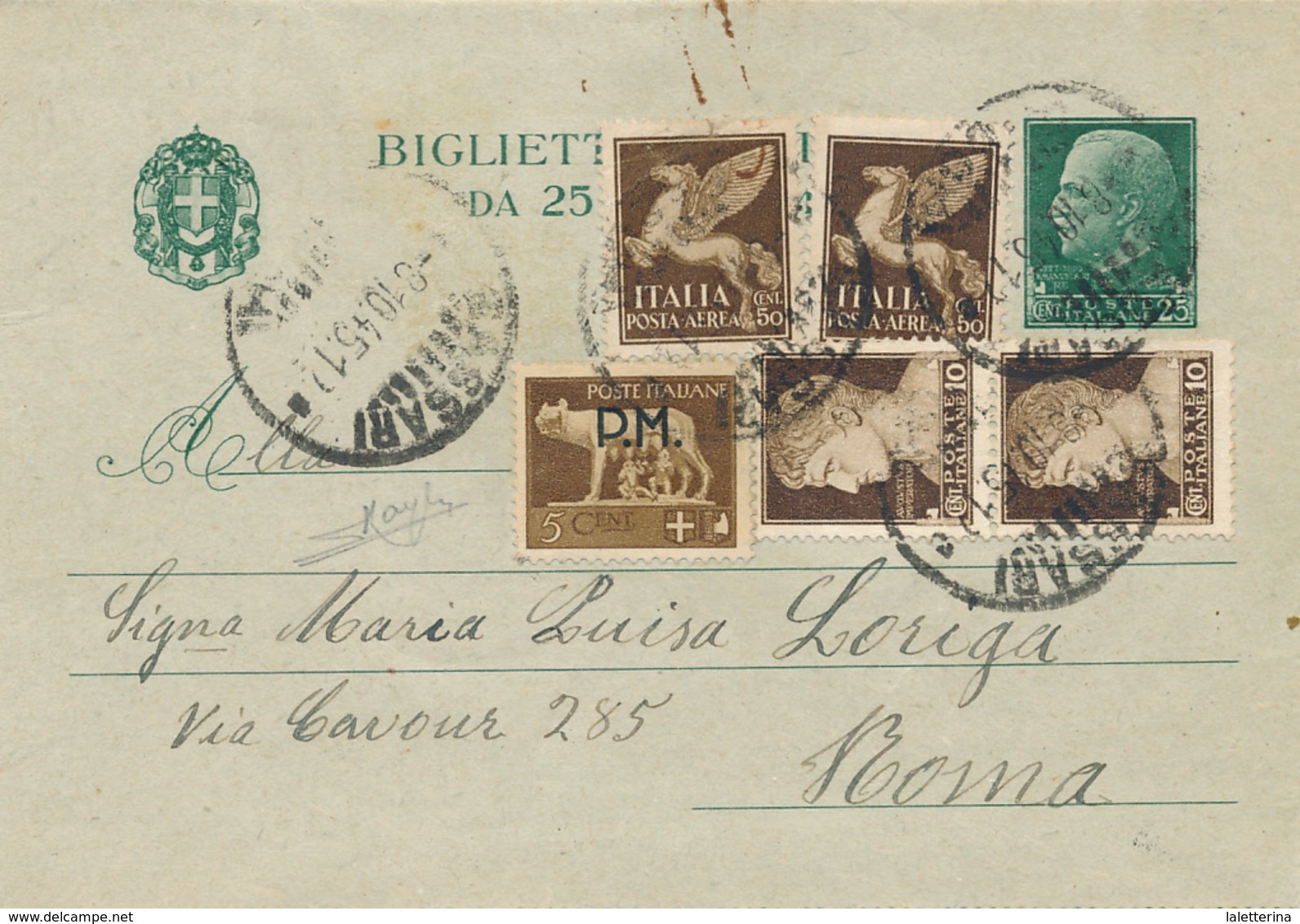 1945 BIGLIETTO POSTALE 0,25 + PA PEGASO 2X0.5+ 2X0,10 IMPERIALE + 0,05 SOVRASTAMPATO PM FIRMATO RAYBAUDI - Storia Postale