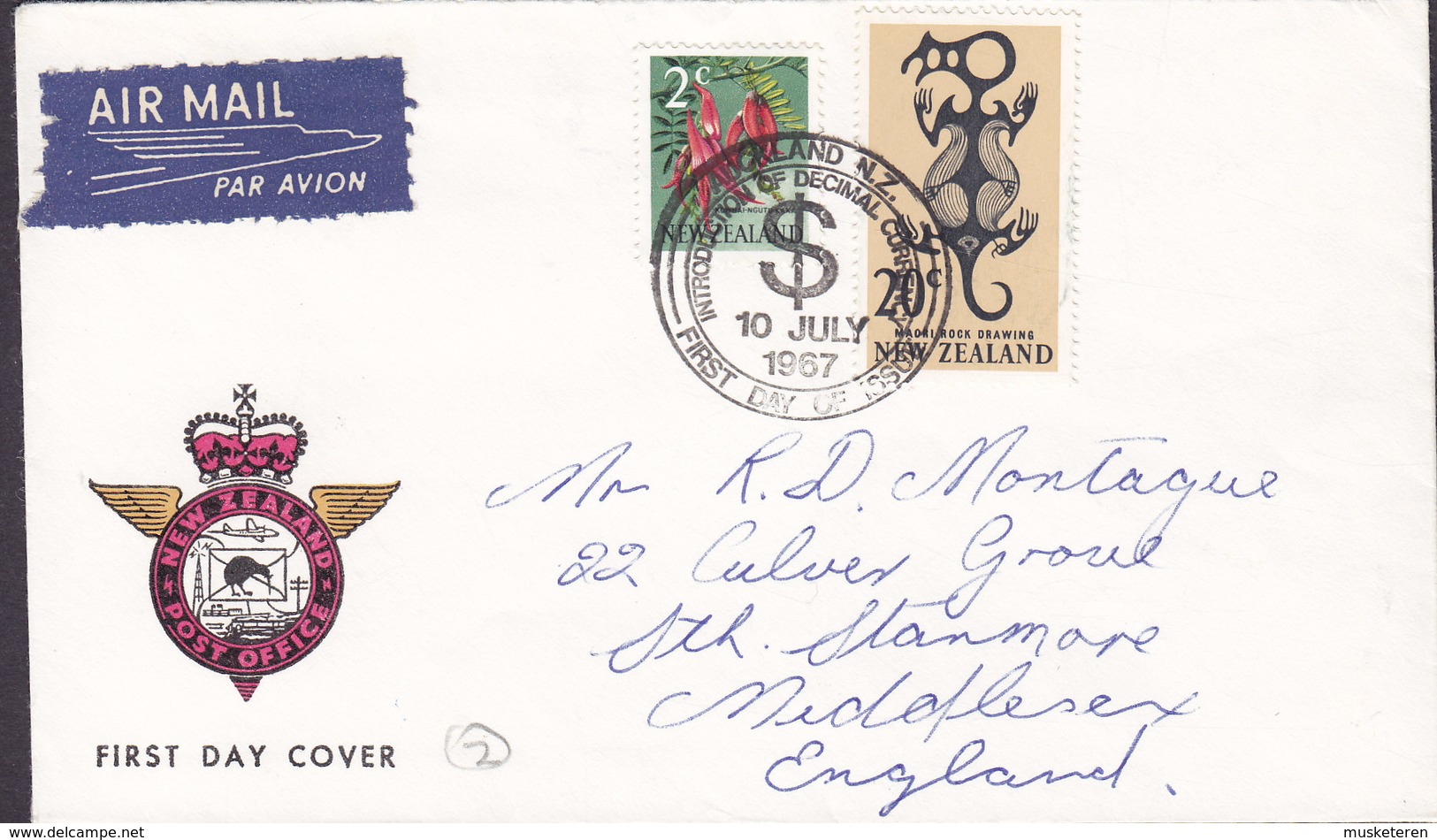 New Zealand AIR MAIL Par Avion Label AUCKLAND 1967 FDC Cover Introduction Of Decimal Currency MIDDELSEX England - FDC