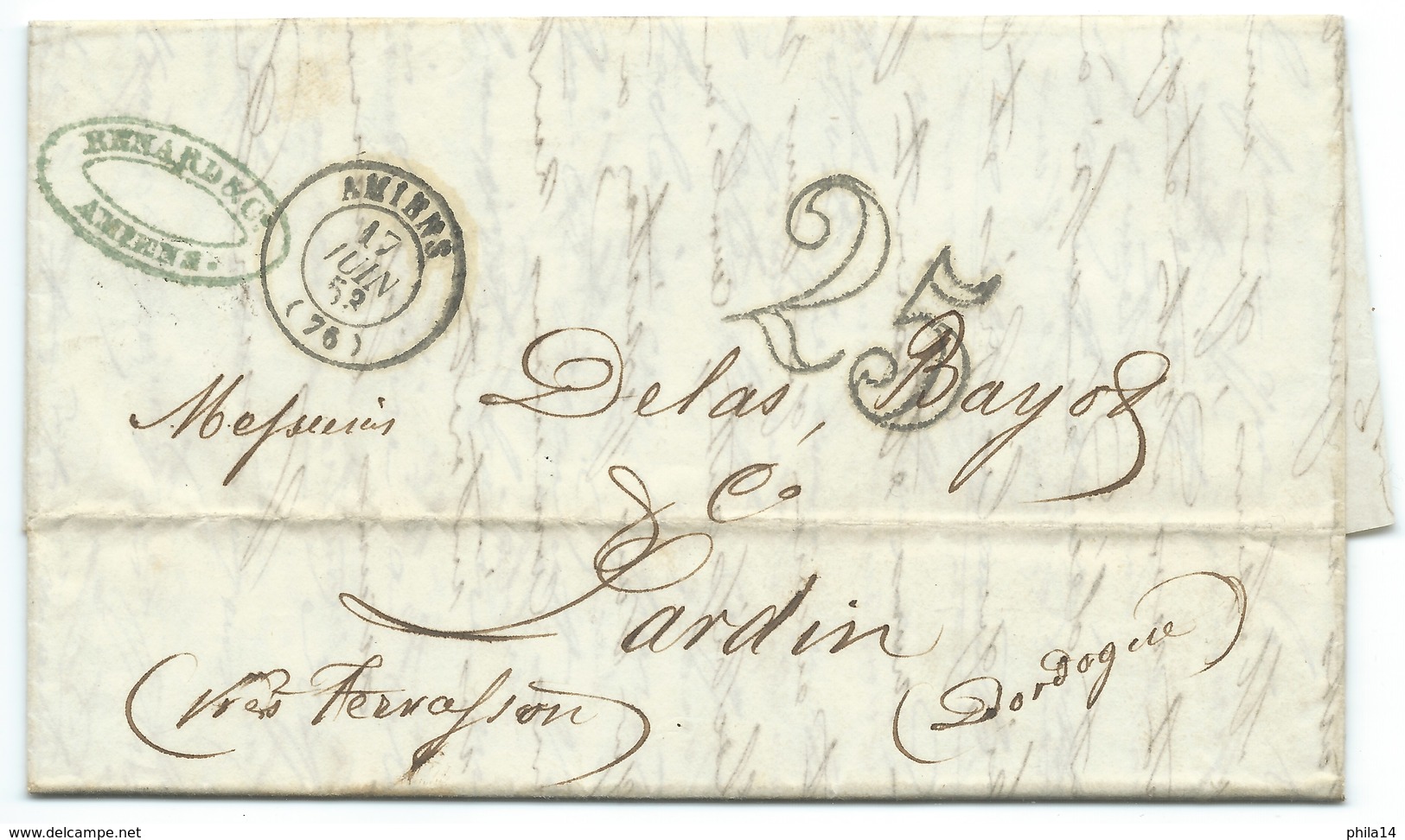 MARQUE POSTALE AMIENS POUR LARDIN DORDOGNE 1853 / TAXE 25 DOUBLE TRAIT - 1849-1876: Classic Period