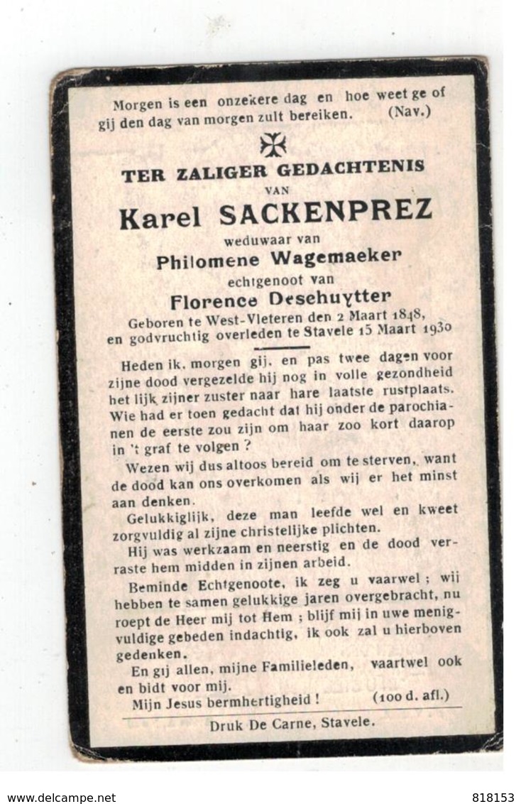 DP Karel SACKENPREZ Geb West-Vleteren 1848,wedn V Phil.Wagemaeker,echtgen.v Flor.Deschuytter , Gestorven Stavele  1930 - Religion & Esotérisme