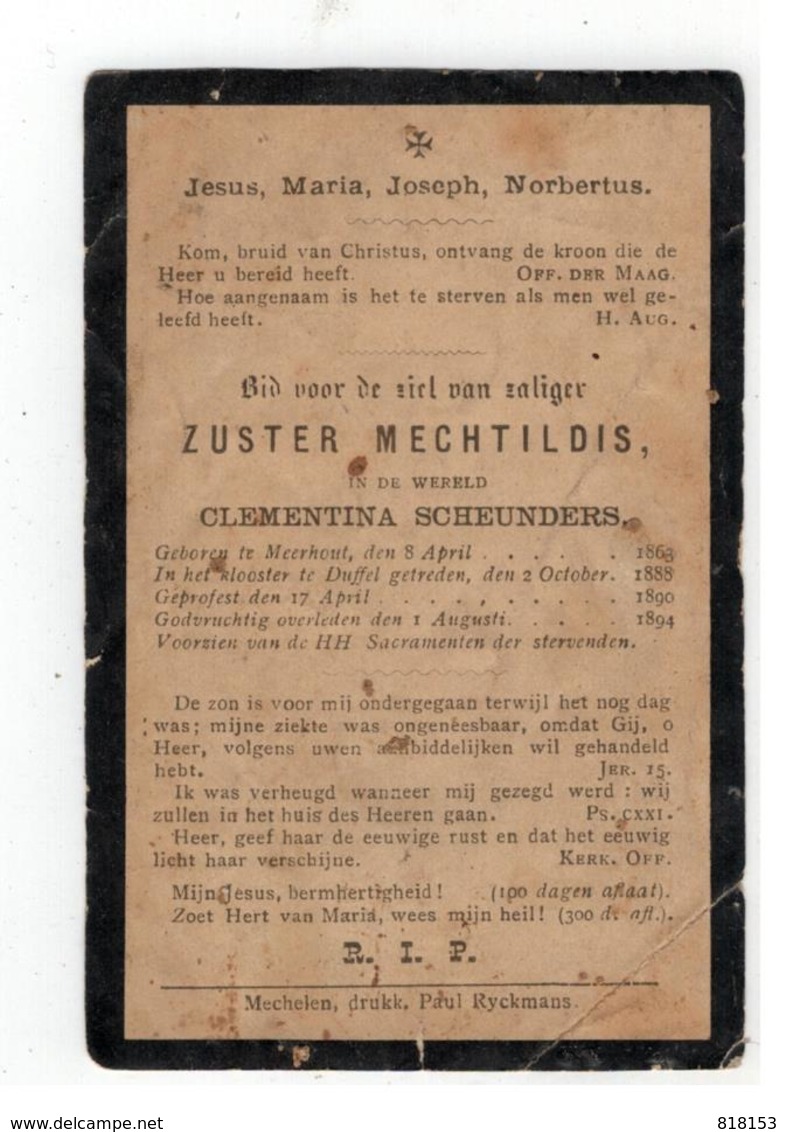 DP ZUSTER MECHTILDIS,in De Wereld CLEMENTINA SCHEUNDERS Geb Meerhout 1863, Gestorven  1894 - Godsdienst & Esoterisme