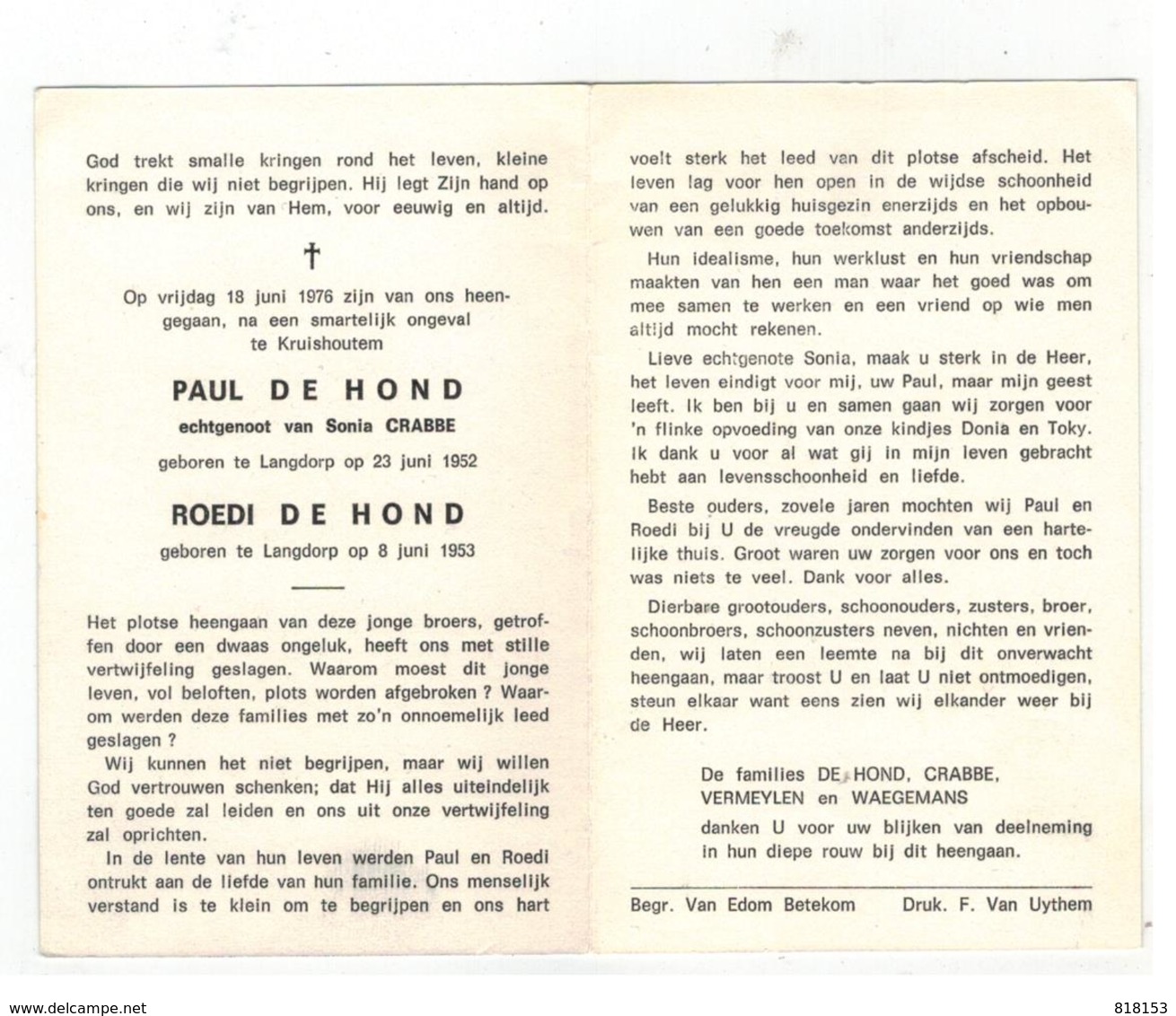 DP PAUL En ROEDI DE HOND, Geb.Langdorp 1952 En 1953, Verongelukt Te Kruishoutem 1976 - Religion & Esotérisme