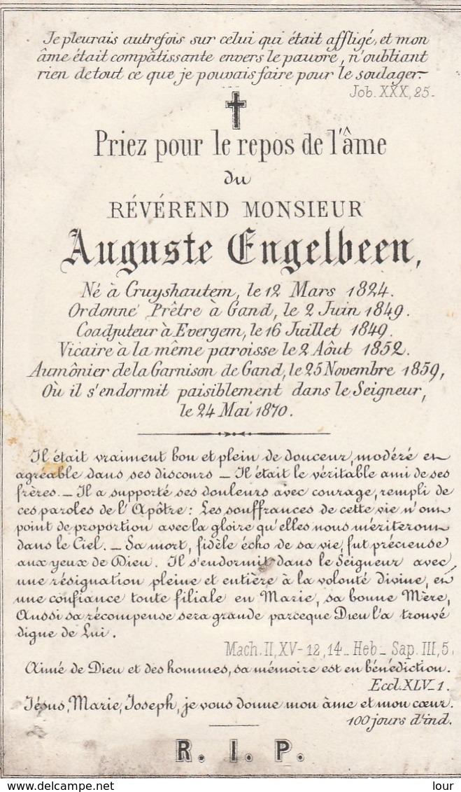 KRUISHOUTEM Bidprentje 1824-1870 Auguste Engelbeen - Religion & Esotérisme