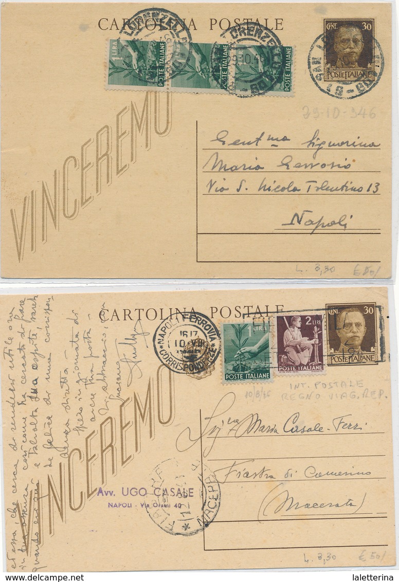 1946 2 CARTOLINE POSTALI VINCEREMO SENZA MOTTO CASSATO IN PIENA REPUBBLICA - 1946-60: Storia Postale